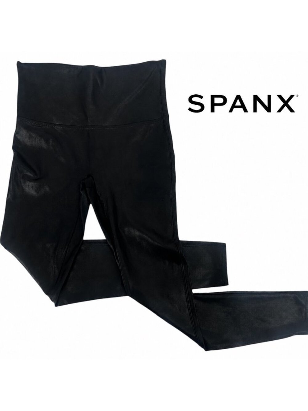 SPANX Leggings Large Black Faux Leather High Rise Shaping Pants Glam Streetwear